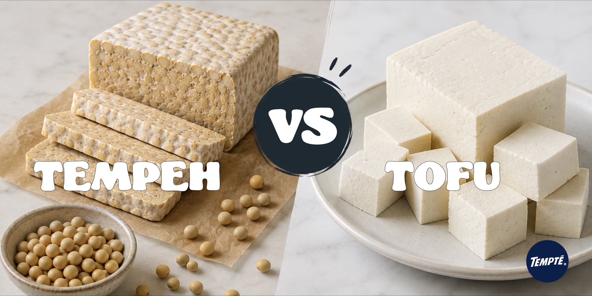 Tempeh and tofu side by side on a marble countertop