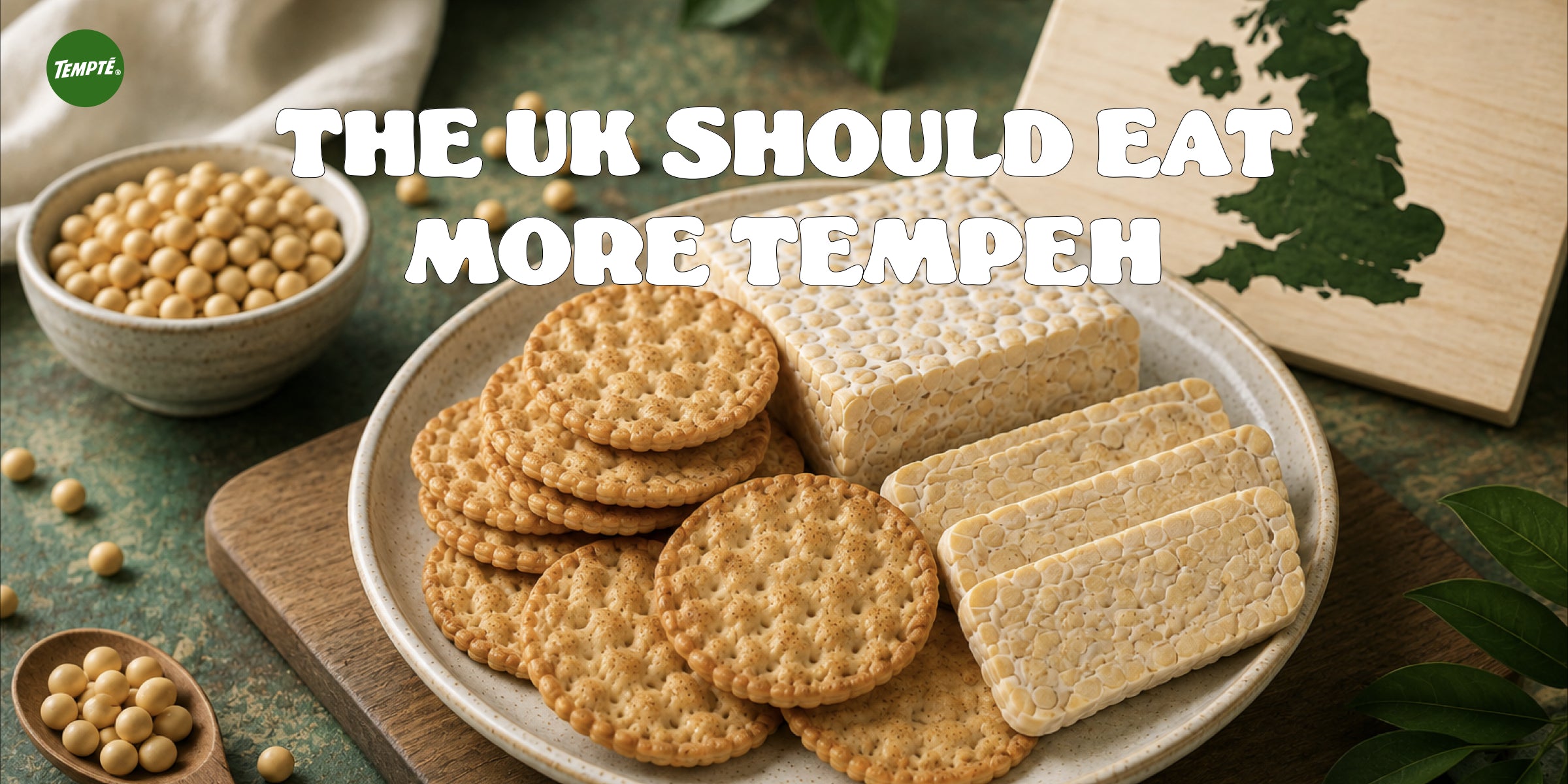 Blocks of tempeh alongside tempeh crisps