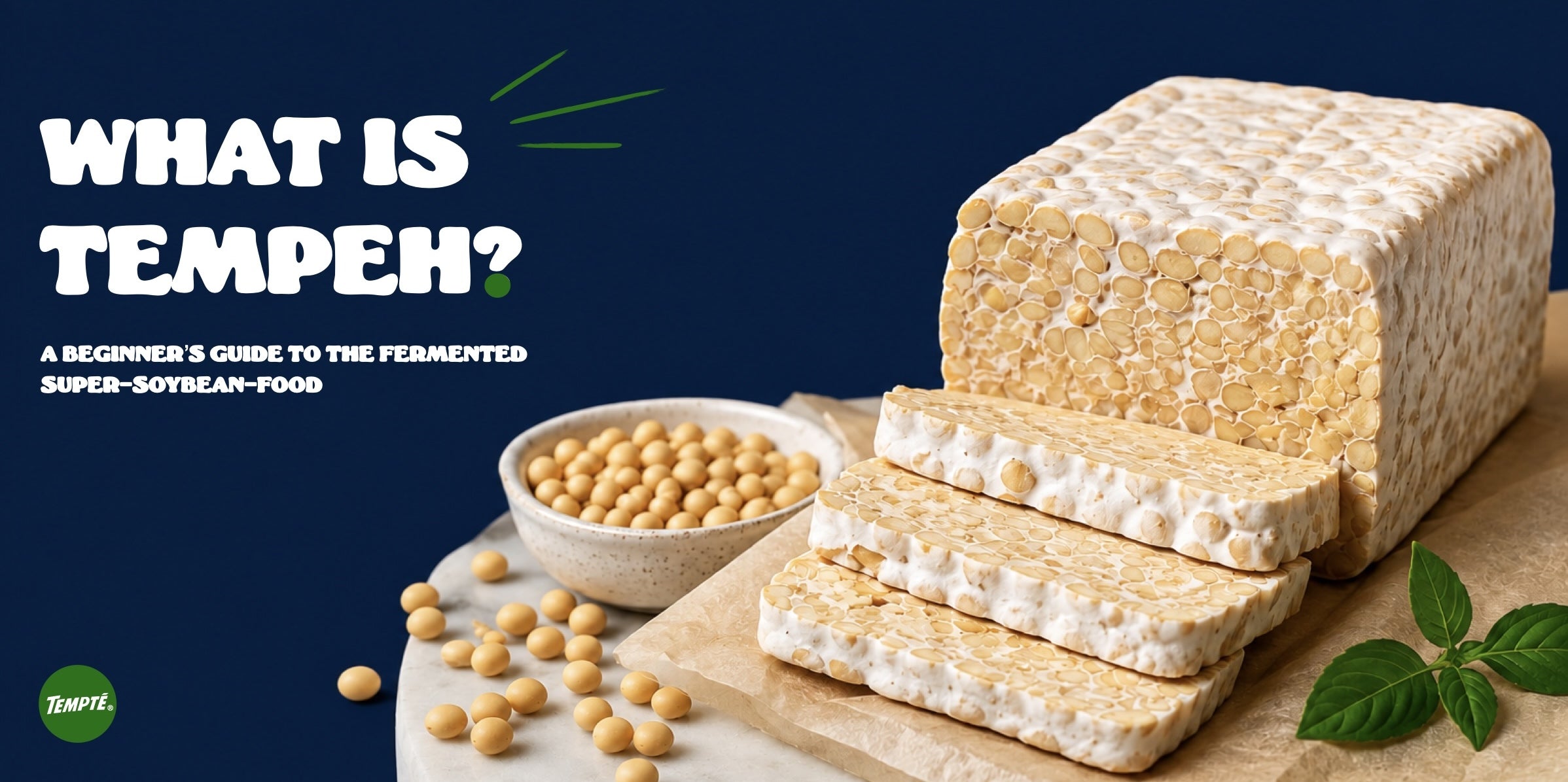 Close-up of a block of tempeh next to a bowl of whole soybeans